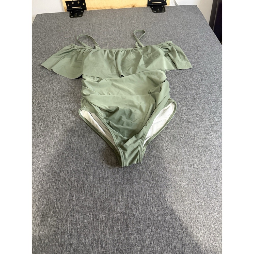 Pink Blush Olive Green Off Shoulder Ruffle Maternity Swimsuit Women's Sz M